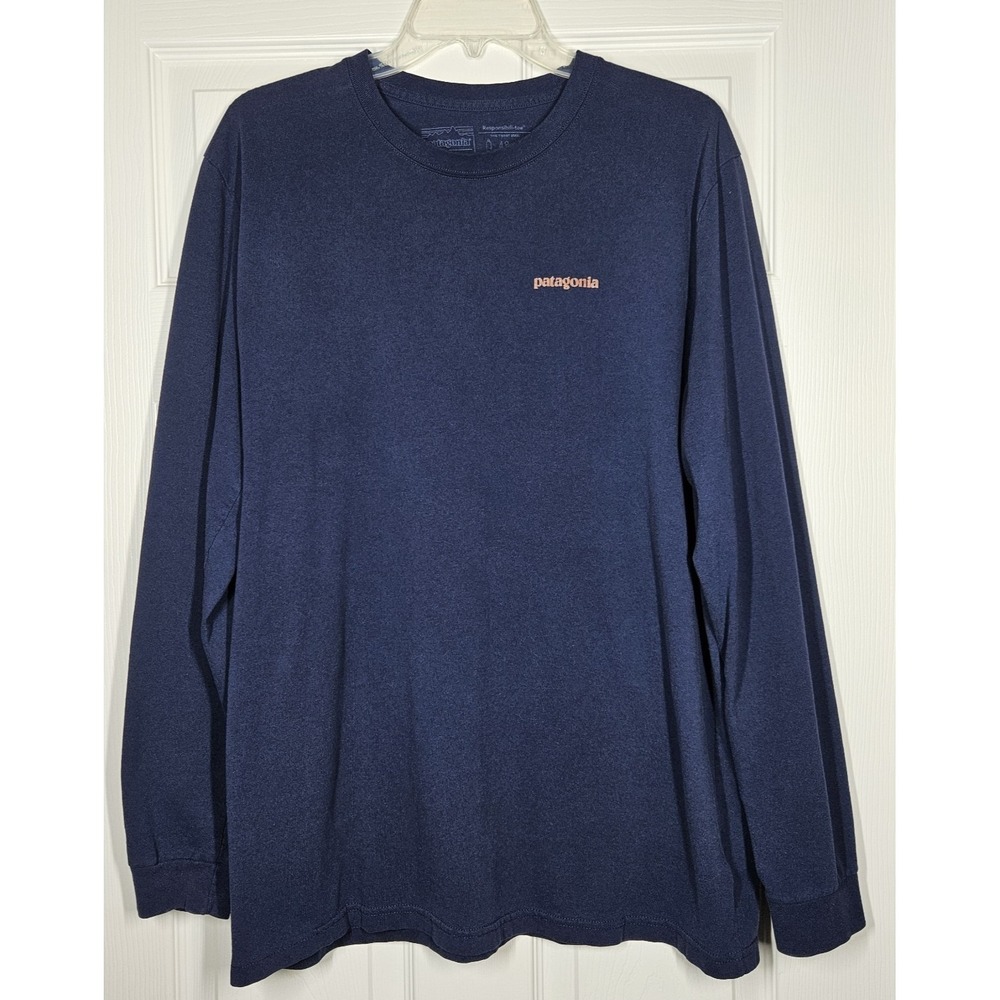 Patagonia Shirt Mens XL Blue Responsibili-Tee Long Sleeve Logo Spellout Outdoor